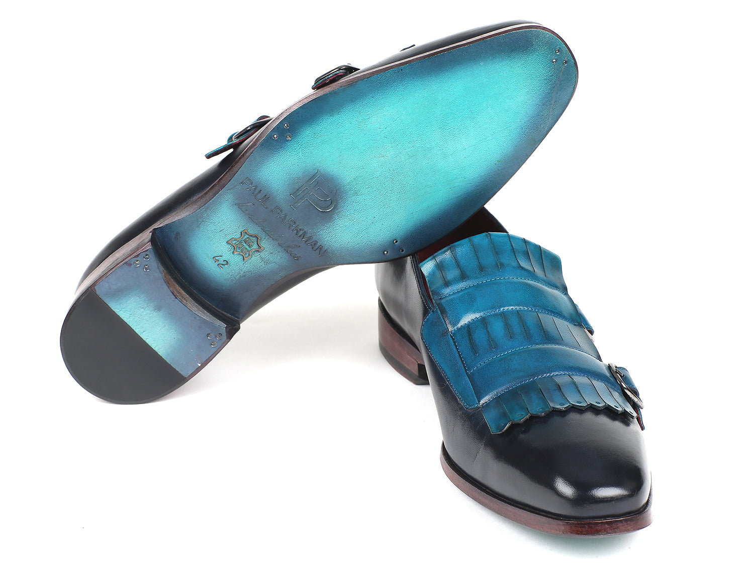 Paul Parkman Men's Blue & Navy Kiltie Double Monkstraps featuring hand-painted calfskin and turquoise leather sole.